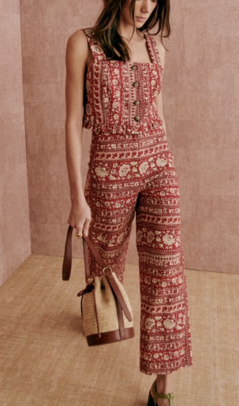 Sézane Tiago Pants Linen Cotton Sara Red Beige High Rise Wide Leg Size 40 US 8